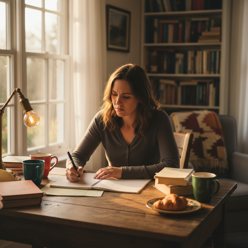 Author at writing desk, mid-thought, surrounded by open books and manuscript pages
