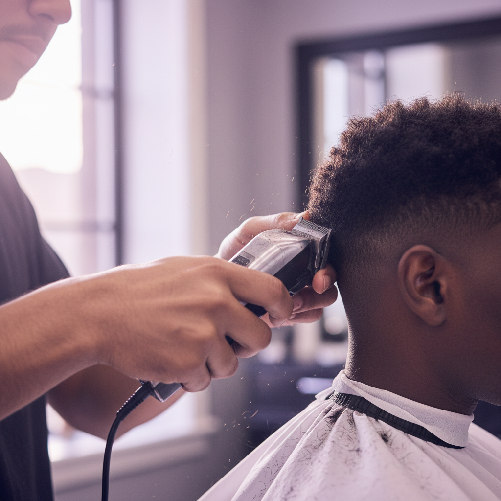 Barber student mid-fade, clippers tilted at thirty degrees, soft lavender-to-pearl light spilling from window across client's cape