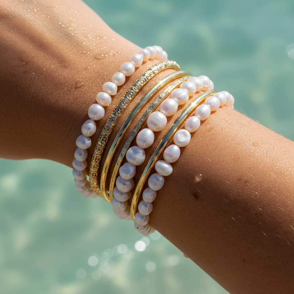 Stacked gold and pearl bracelets on a tanned wrist near ocean water