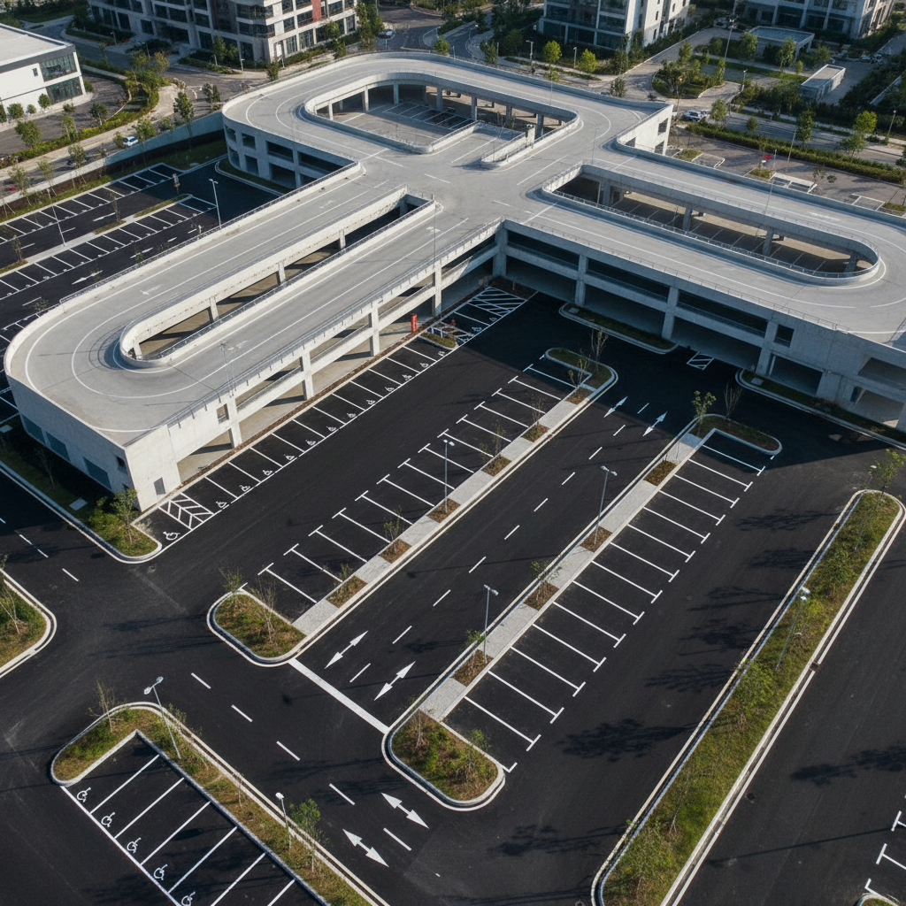 Aerial drone survey of completed carpark with freshly painted lot markings and clear surface drainage channels
