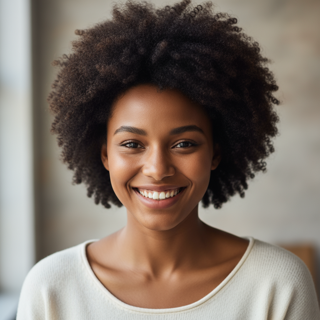 Jess Okafor, a young Black woman with natural hair, smiling confidently in a studio environment