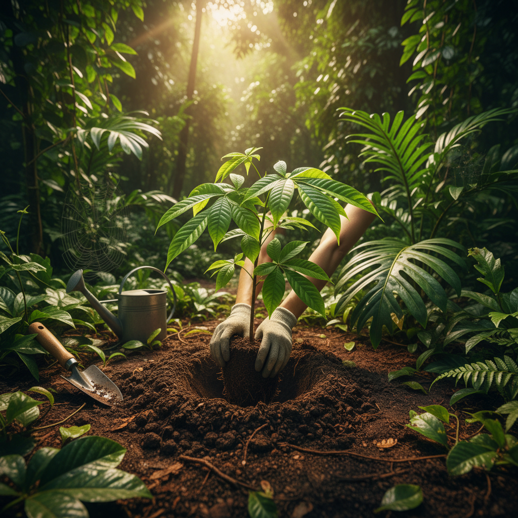 Aerial view of a young reforestation site in a tropical region with rows of freshly planted saplings against rich brown soil, bright green new growth visible