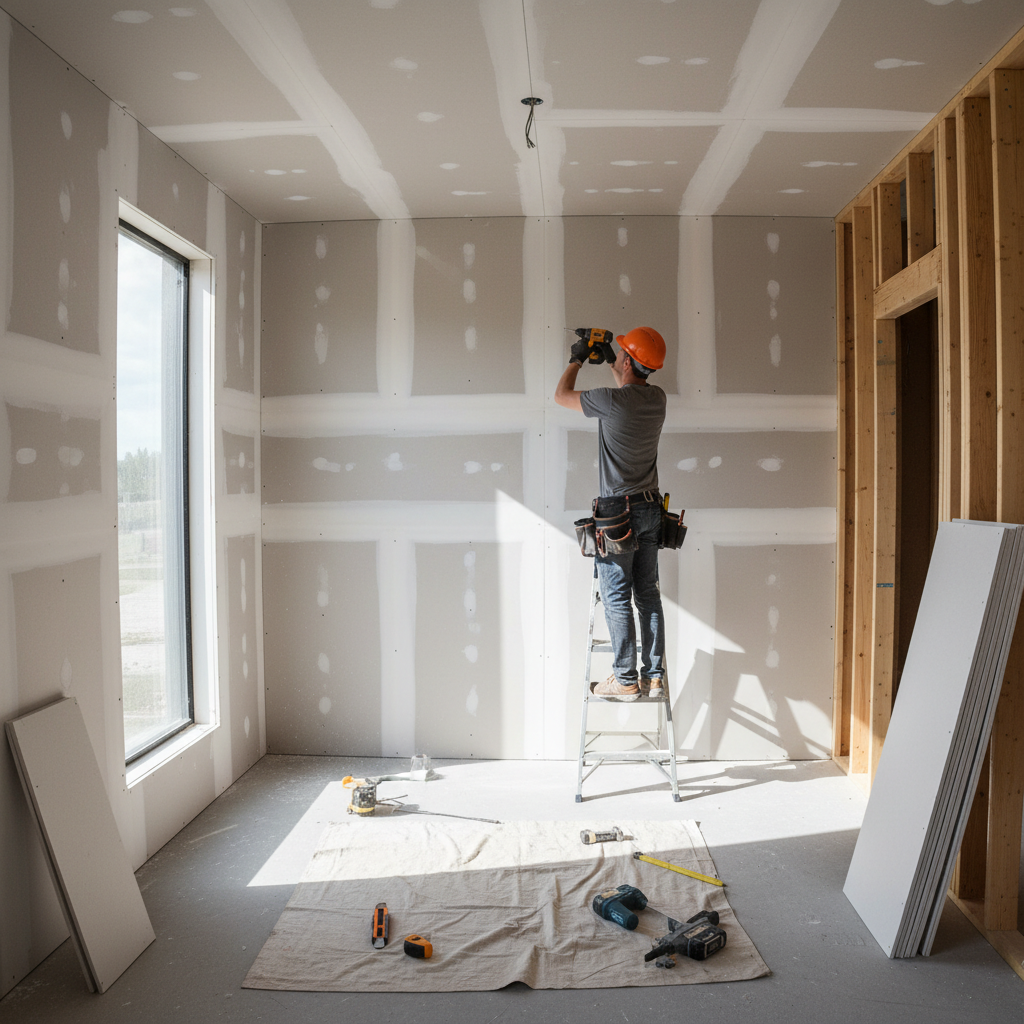 Professional craftsman installing drywall panels, clean bright interior construction work