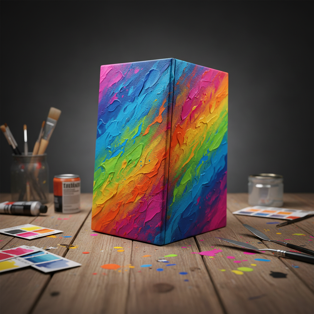 Custom designed speaker with vibrant colours on a workshop table with paint swatches and tools