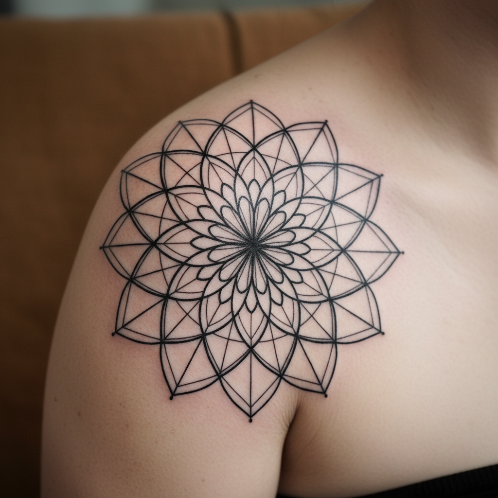 Healed black work mandala tattoo covering full shoulder showing symmetrical precision after aging