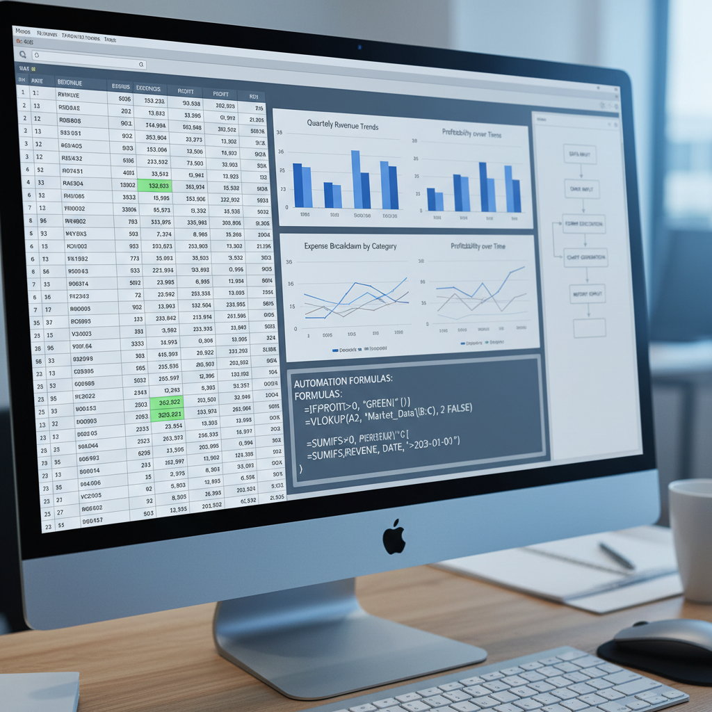 Spreadsheet with stock market data charts and financial formulas