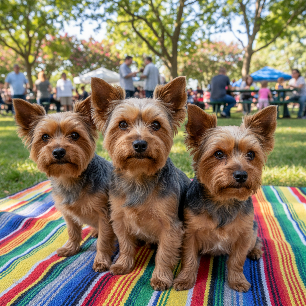 Three Yorkies sitting together on a picnic blanket at a community meetup