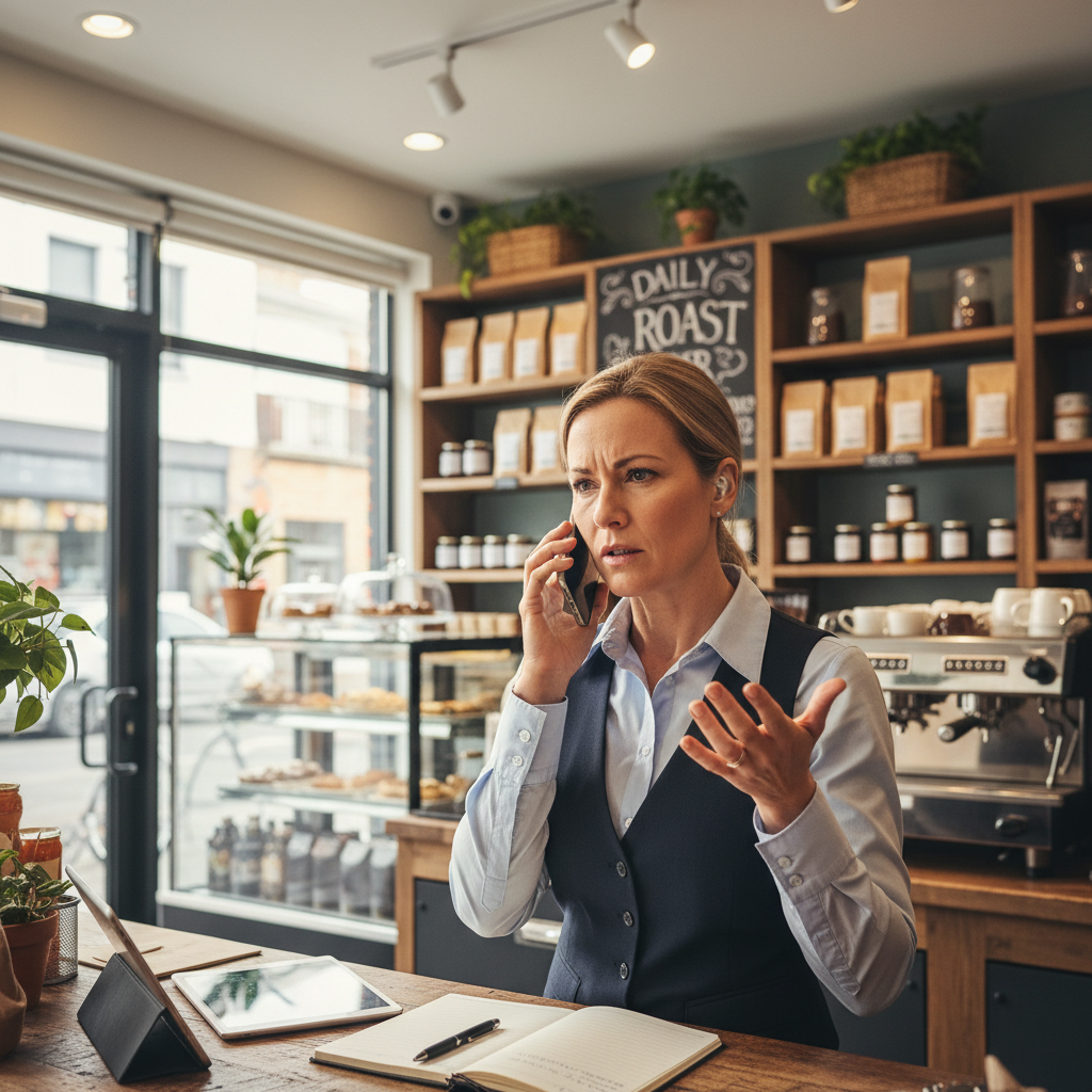 Business owner discussing order requirements over phone in bright shop setting, professional consultation atmosphere