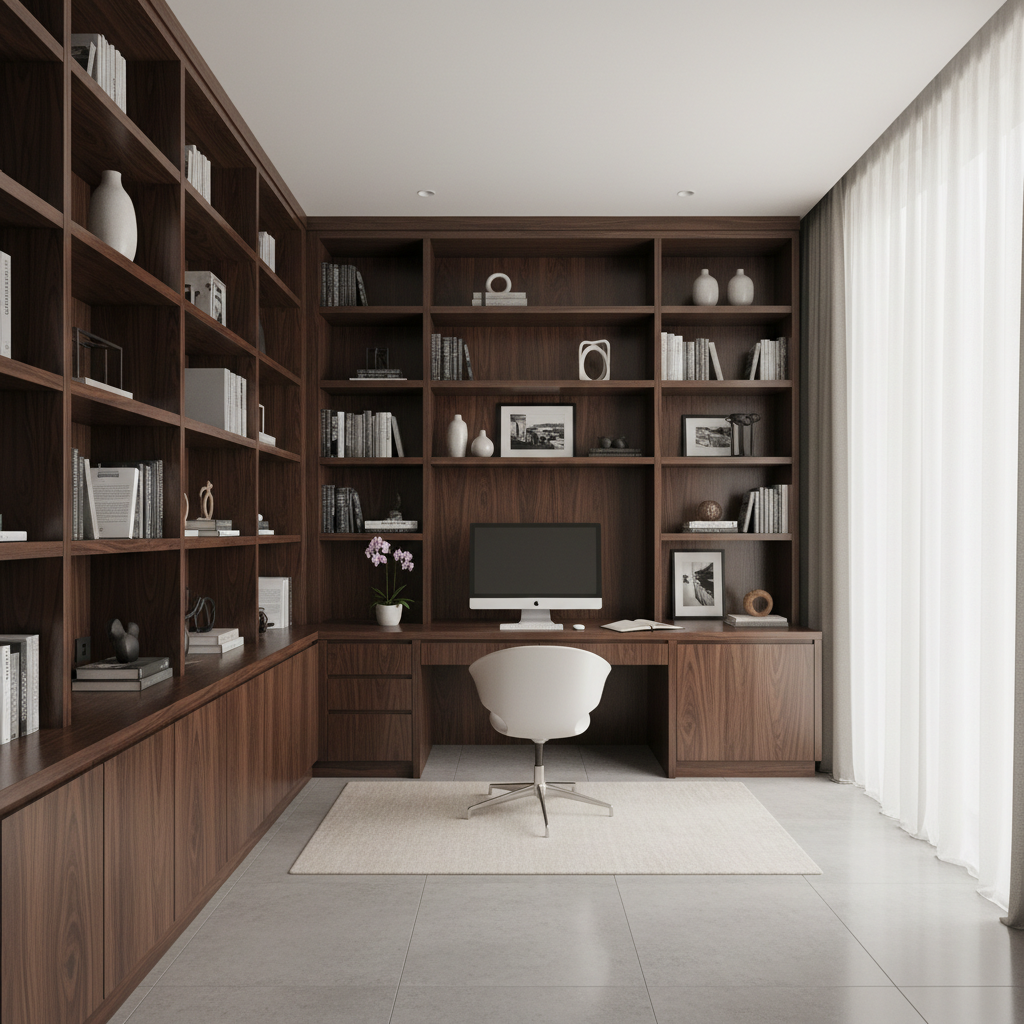 Home office with floor-to-ceiling bookshelf and integrated desk in dark timber