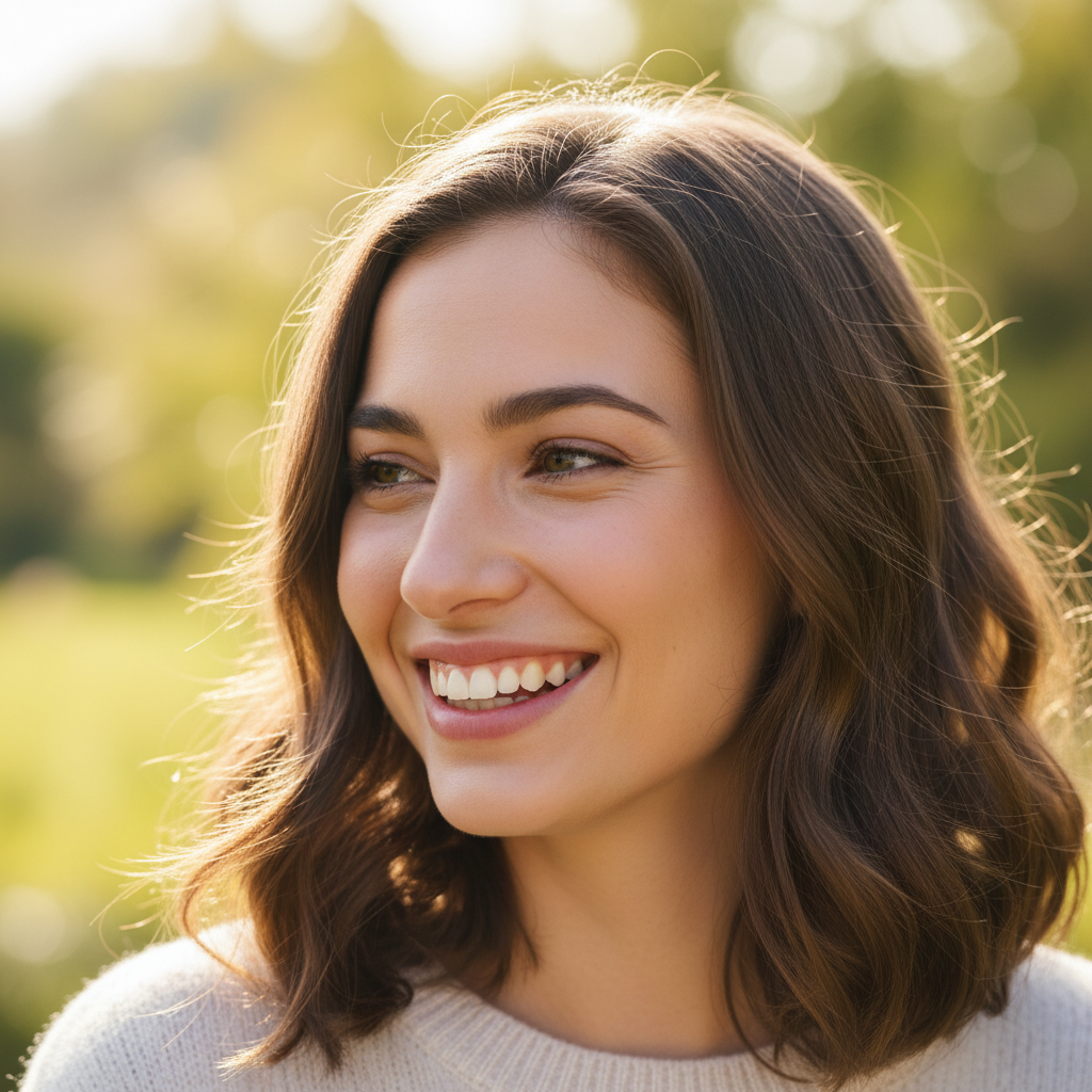 Young woman with brown hair smiling outdoors