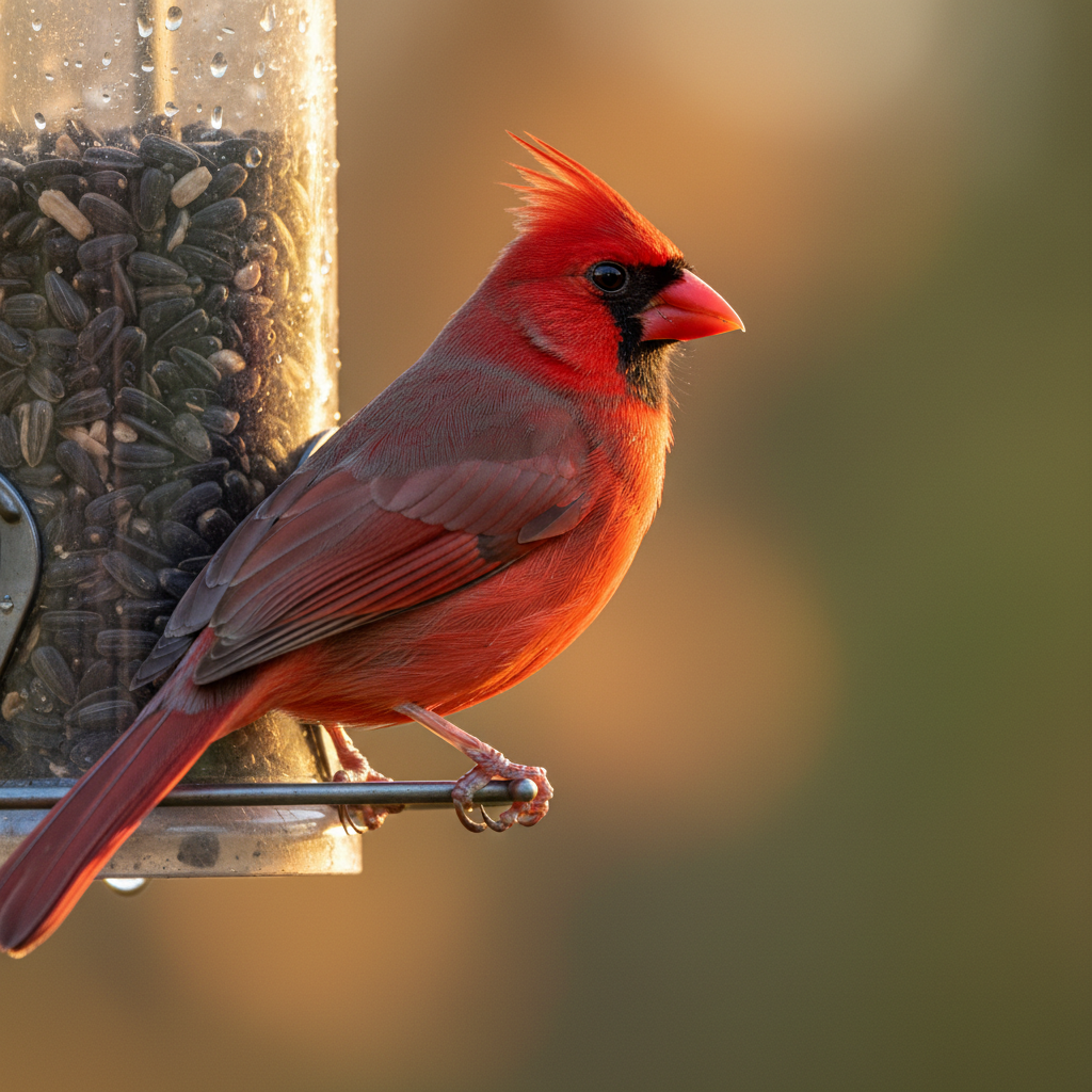 Golden hour cardinal perched on a feeder with sunflower seeds, feathers catching warm light