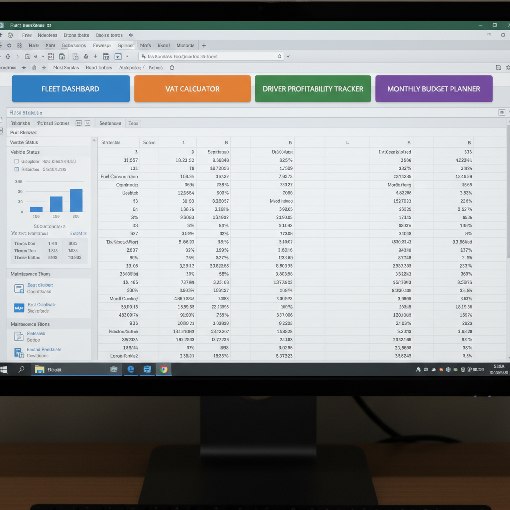 Multiple Excel spreadsheet tabs visible showing fleet dashboard, VAT calculator, driver profitability tracker and monthly budget planner