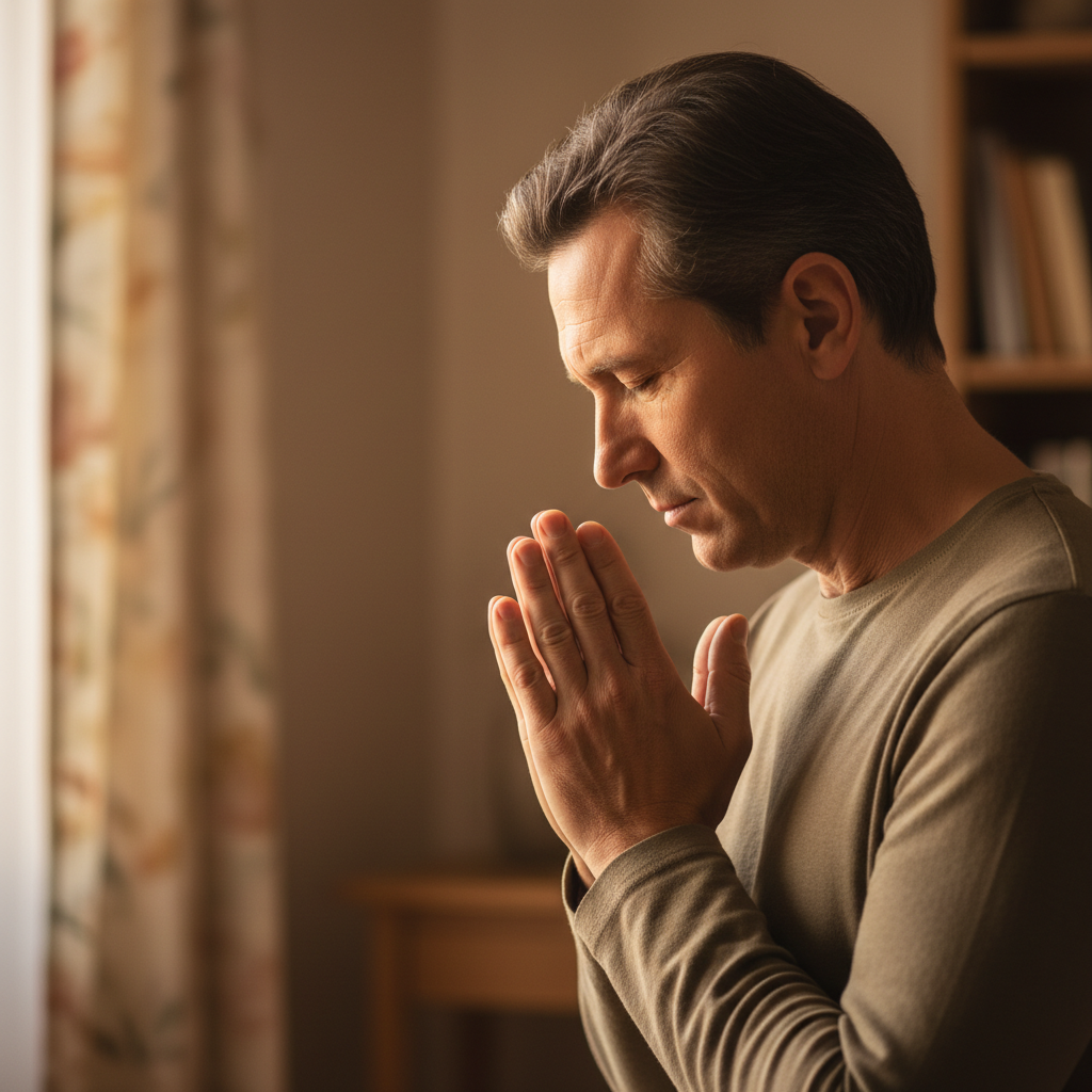 Person with hands clasped in prayer, warm candlelight in a quiet, contemplative space