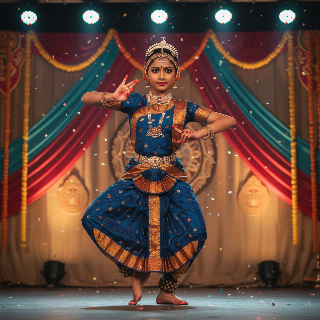 Young girl performing Bharatanatyam in full costume at Sangam showcase