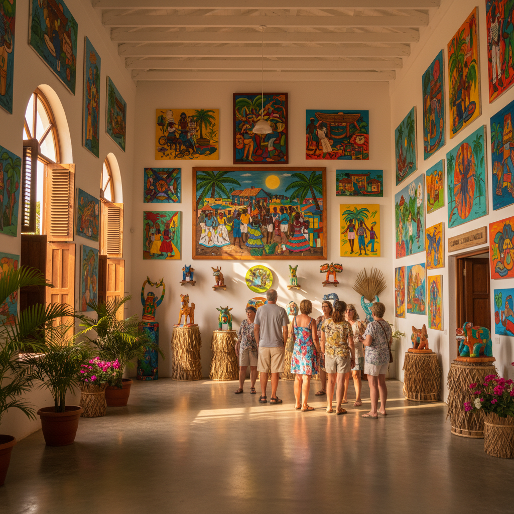 Caribbean island museum with colorful artwork, tropical light filtering through windows
