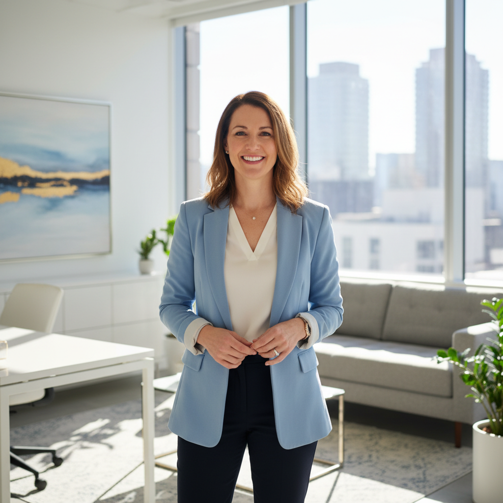 Professional woman coach in a bright modern office with natural light and clean white background