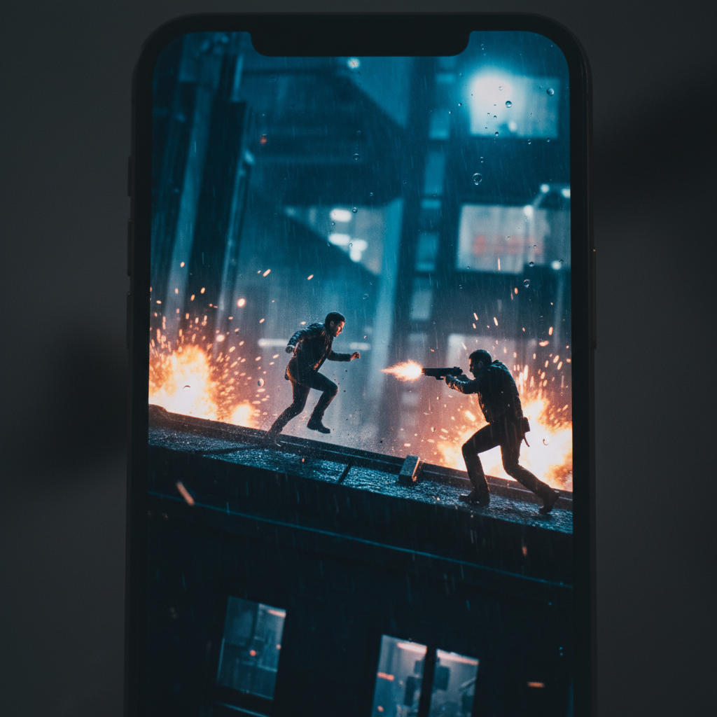 Film playing on mobile phone screen - cinematic still with dramatic lighting