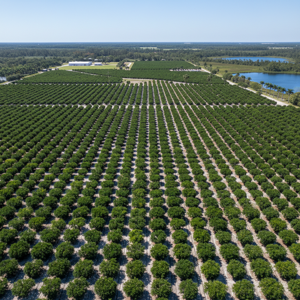 Aerial view of well-maintained Florida commercial citrus grove with organized canopy management, even rows extending across agricultural land