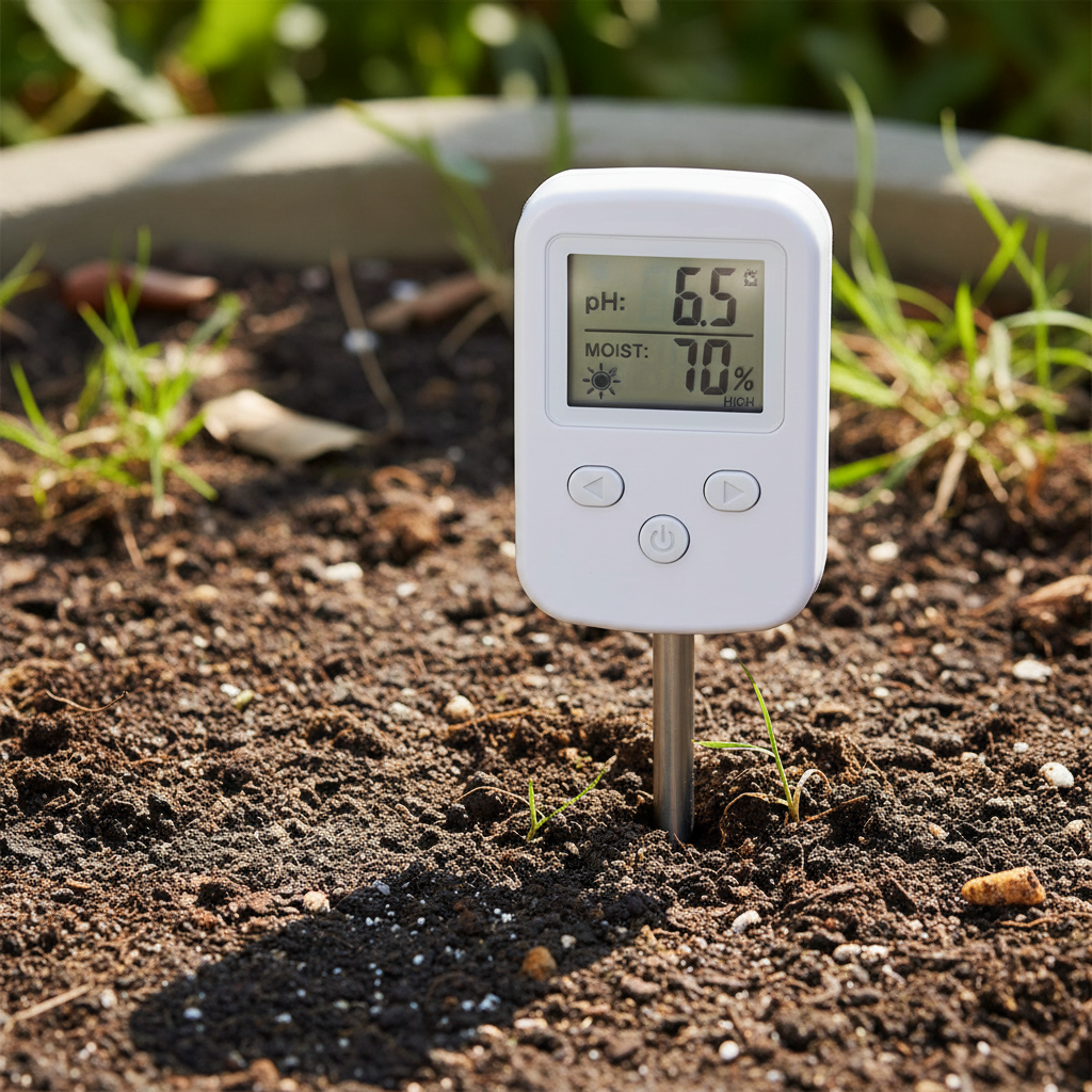 Electronic soil moisture sensor probe with digital display on neutral background, clean product photography