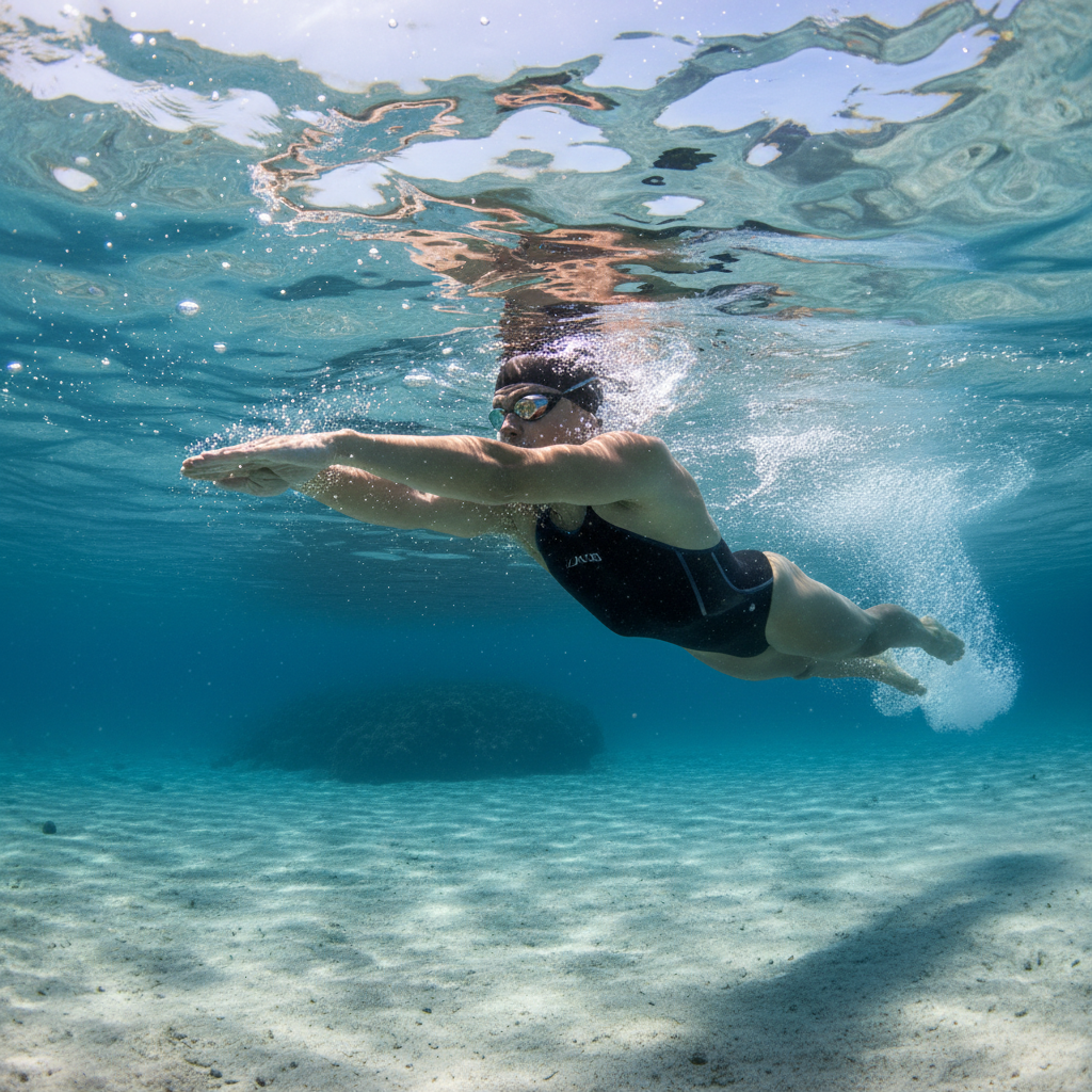Swimmer in open water practicing sighting technique, head lifted briefly above water surface