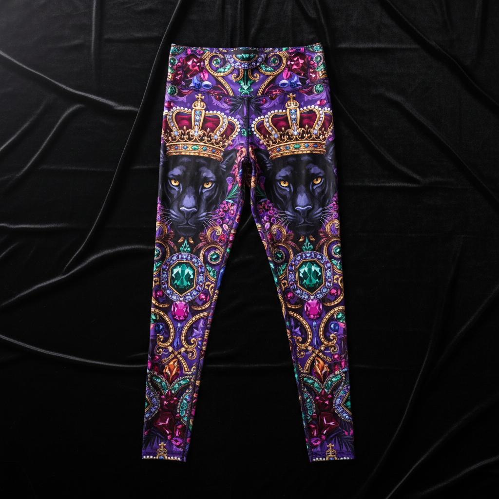 Purple maximalist leggings with panther crown jewel print on dark luxurious background