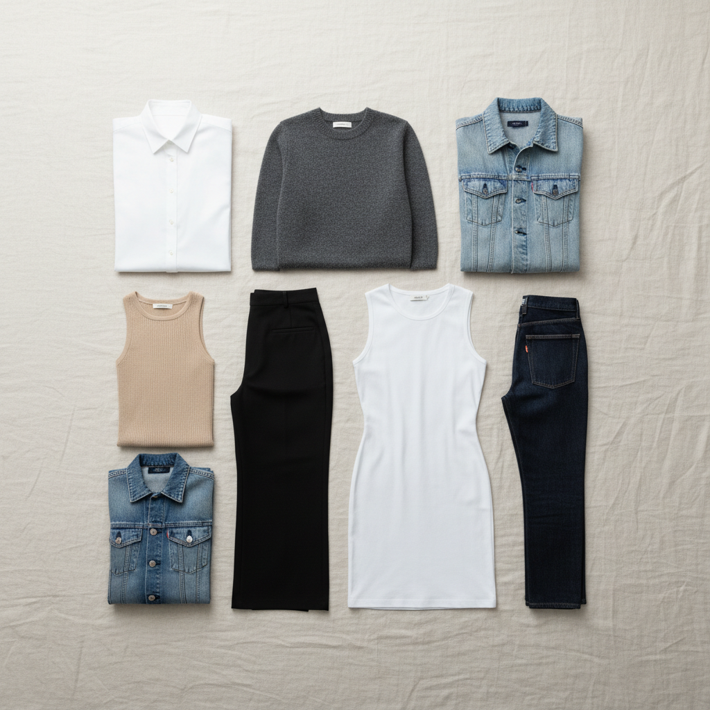 Clean minimal wardrobe flatlay with neutral tone essential pieces on dark textured surface
