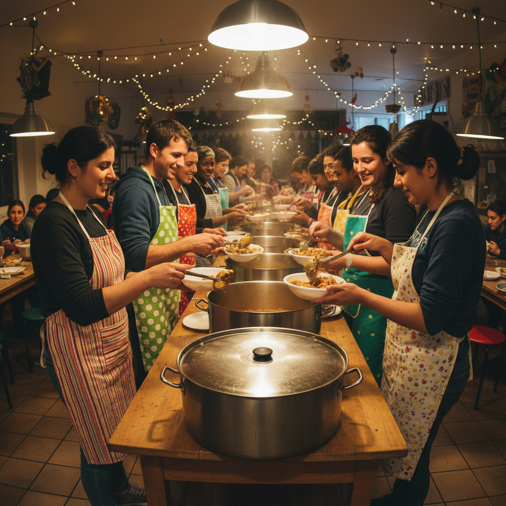 Community feeding program with African volunteers serving food to children and elderly, warm indoor setting, wooden tables, joyful expressions