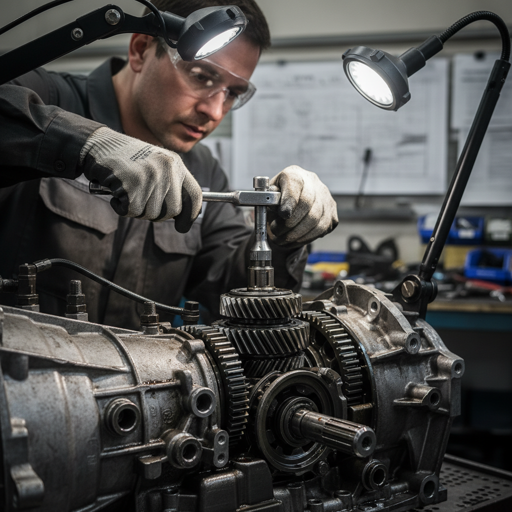 Technician repairing a mechatronic transmission unit on a workshop bench
