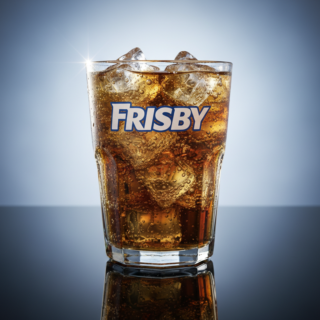 Gaseosa mediana Frisby: vaso mediano con bebida carbonatada con hielo en vaso con logo Frisby