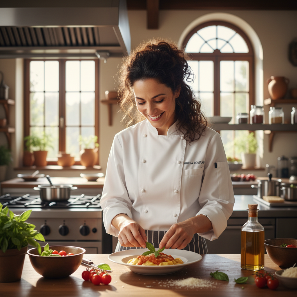 Chef Giulia Romano, an Italian woman in her 30s with dark hair and a warm smile in a bright kitchen