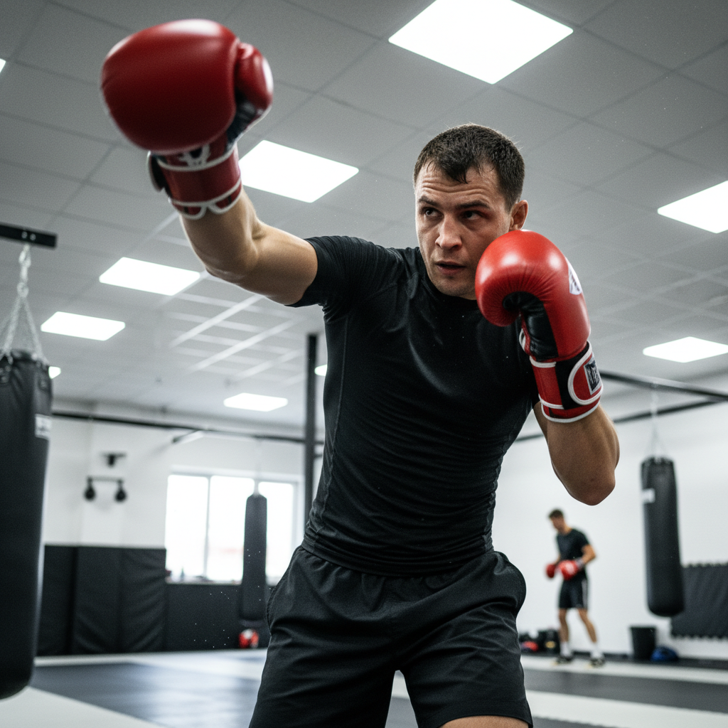 Cardio kickboxer throwing a hook in morning class, bright gym light
