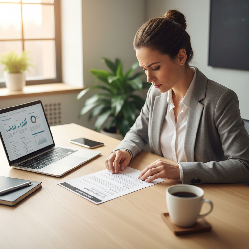 Professional reviewing a polished CV document at a modern desk with laptop and coffee