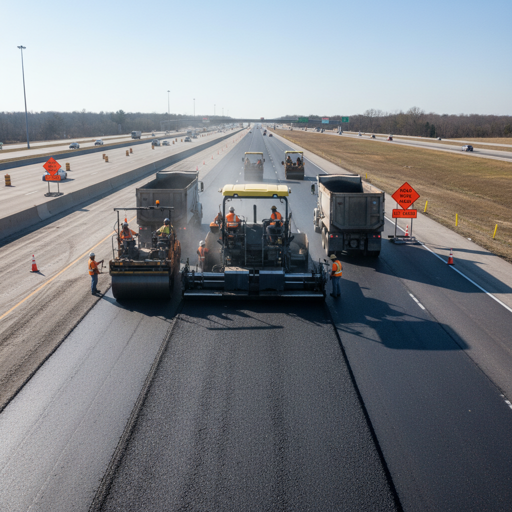 Road construction and civil infrastructure project with heavy machinery, workers laying asphalt, urban development