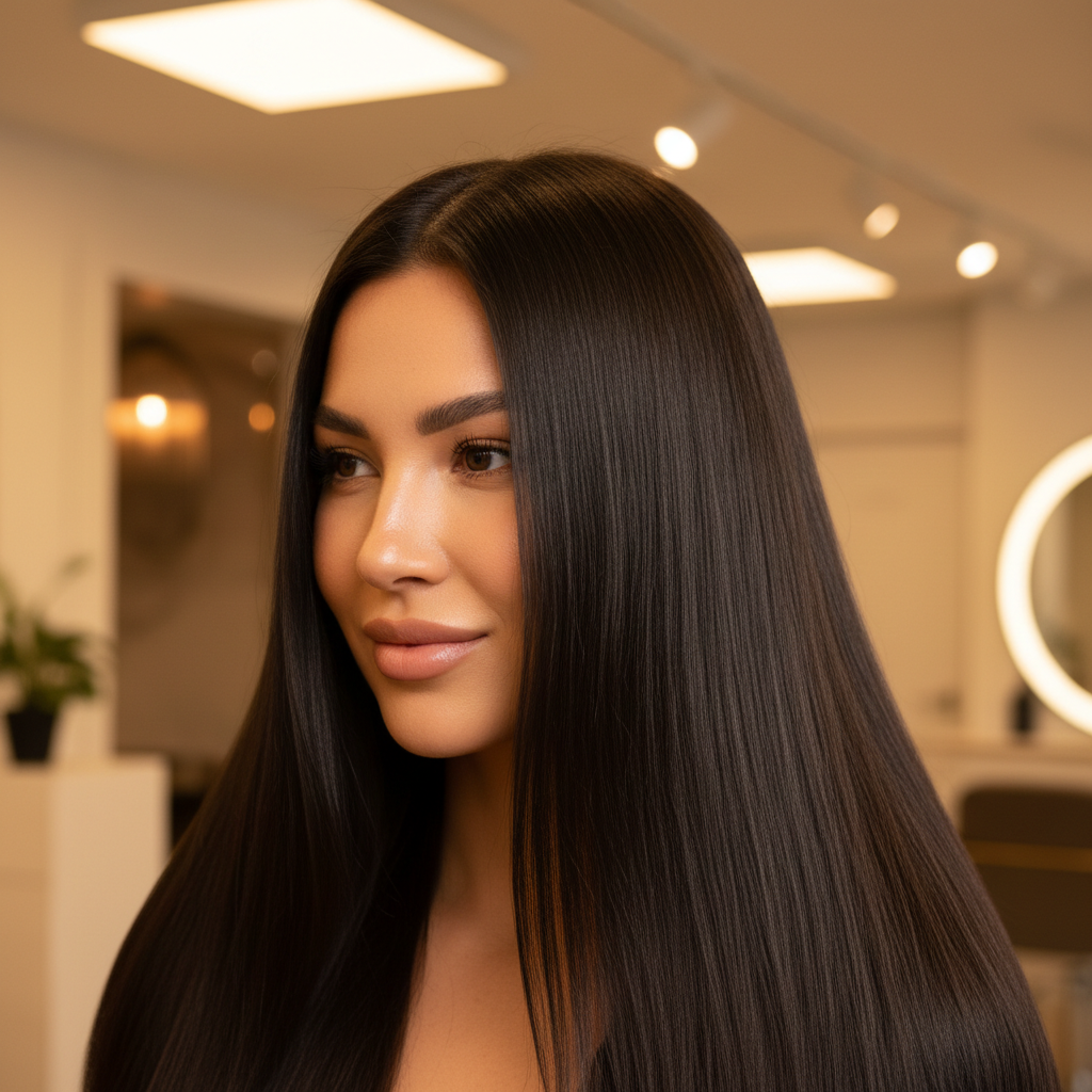 Woman with dark, glossy hair reflecting warm salon light after Classic Botox