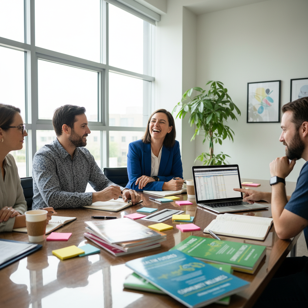 Four nonprofit benefits consultants mid-conversation around a conference table covered in benefit plan booklets and sticky notes, natural window light, one person laughing, another pointing at a spreadsheet