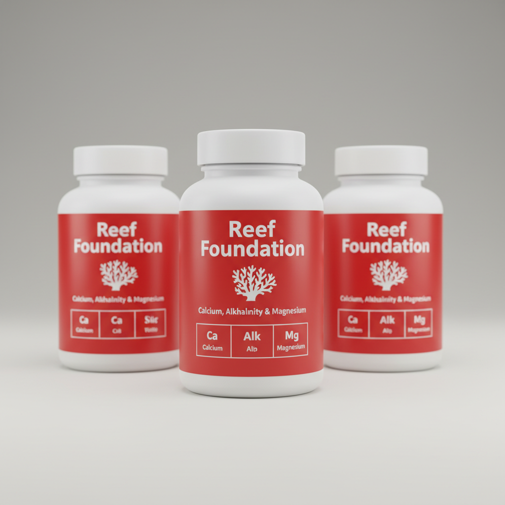 Three white supplement bottles with red reef foundation labels