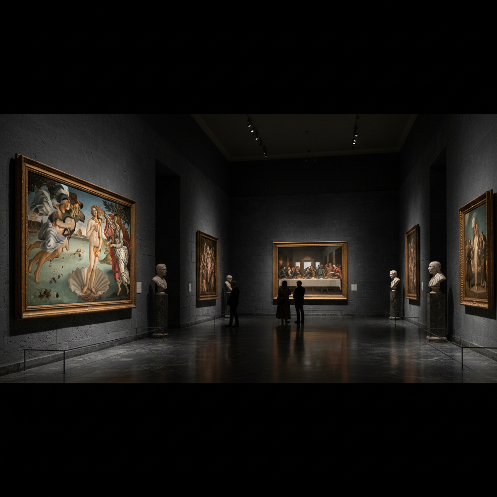 Fine art painting in ornate gallery, dramatic spotlighting, dark walls, Sotheby's auction atmosphere