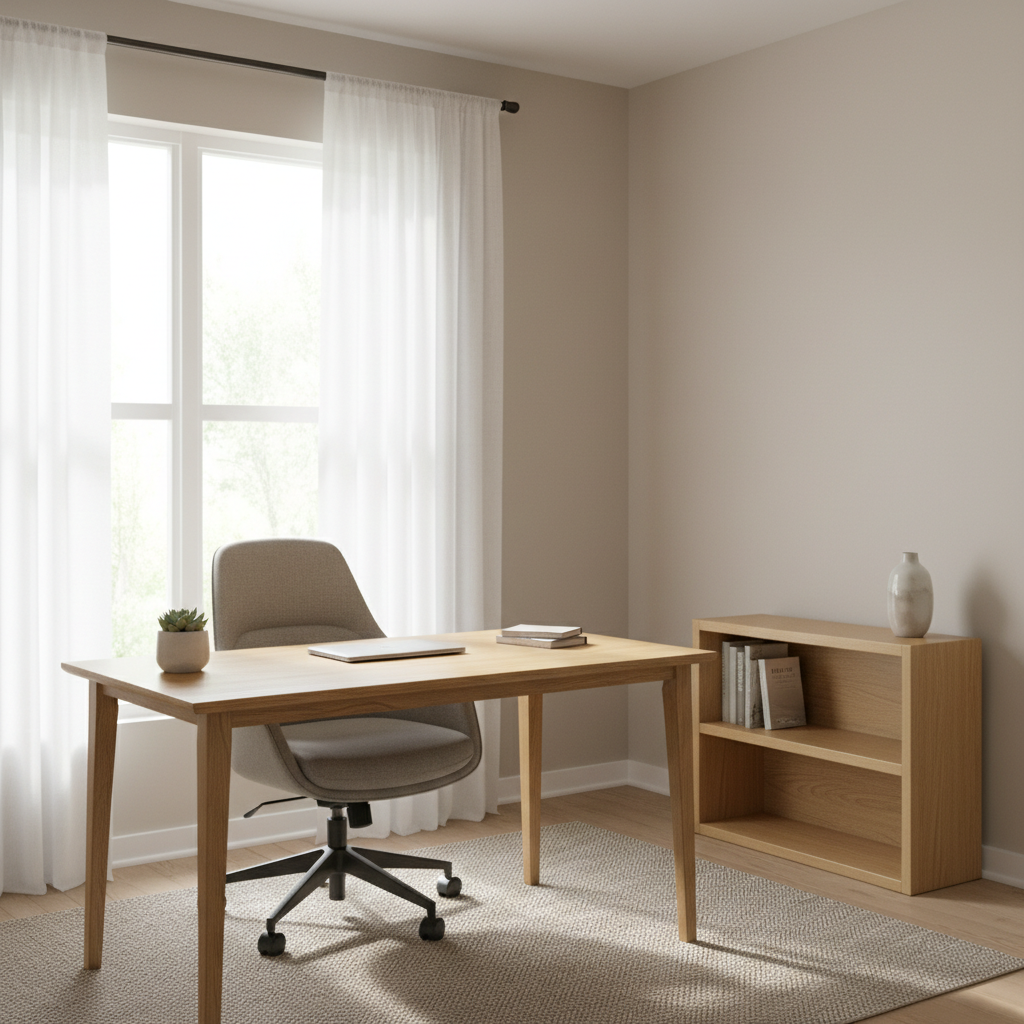 Bright contemporary home office with built-in shelving, warm wood desk, and large windows with natural light