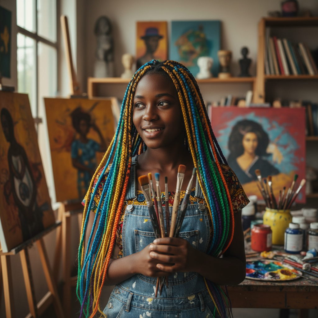 Young Black woman smiling in a creative studio, design work visible in background