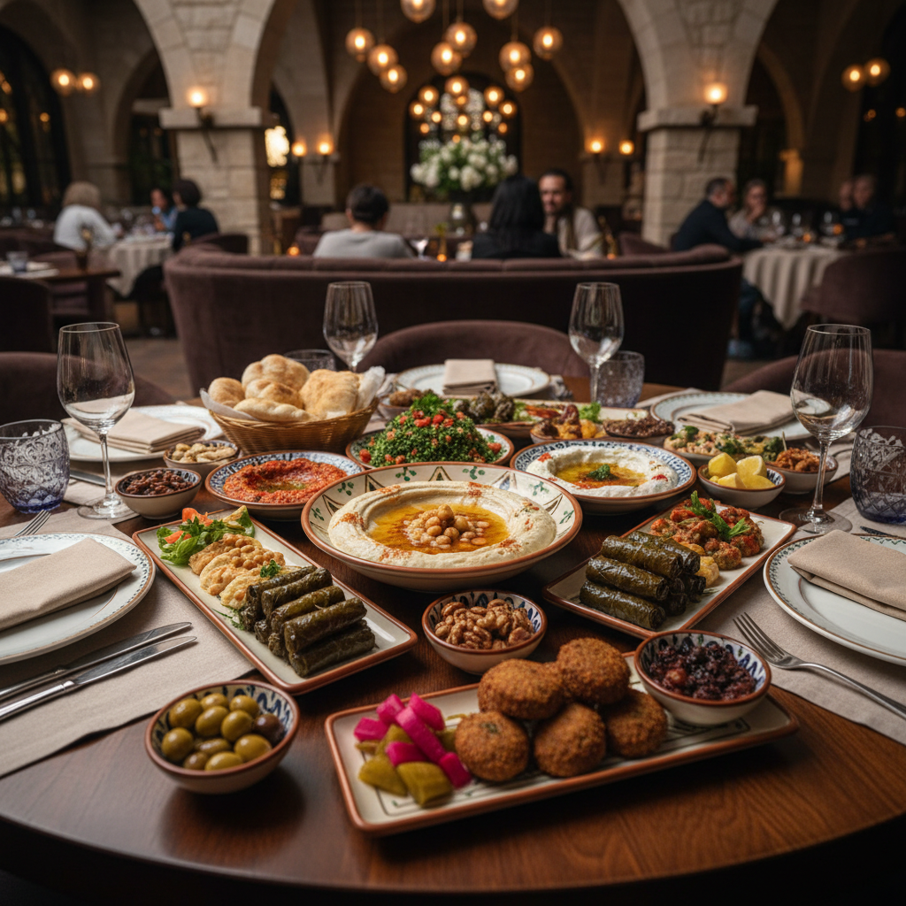 Business Lunch mit libanesischen Mezze-Platten für ein Team