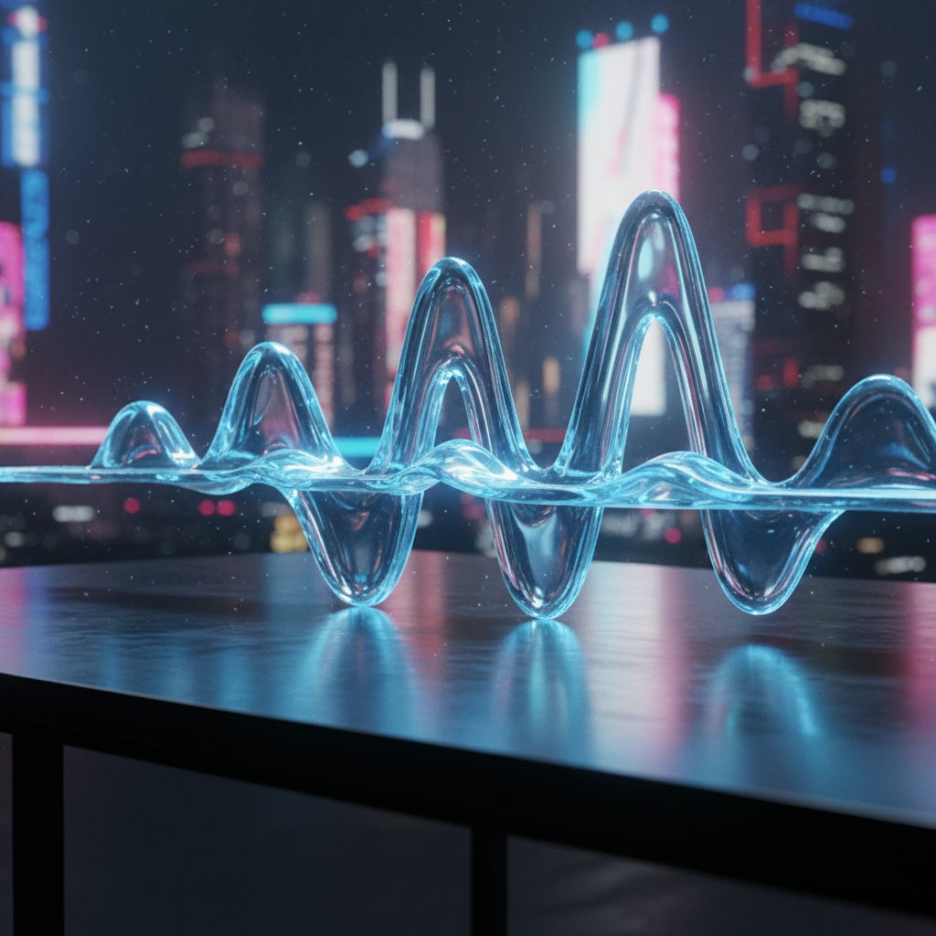 Dark audio waveform visualization on black background with dim blue glow, moody studio environment