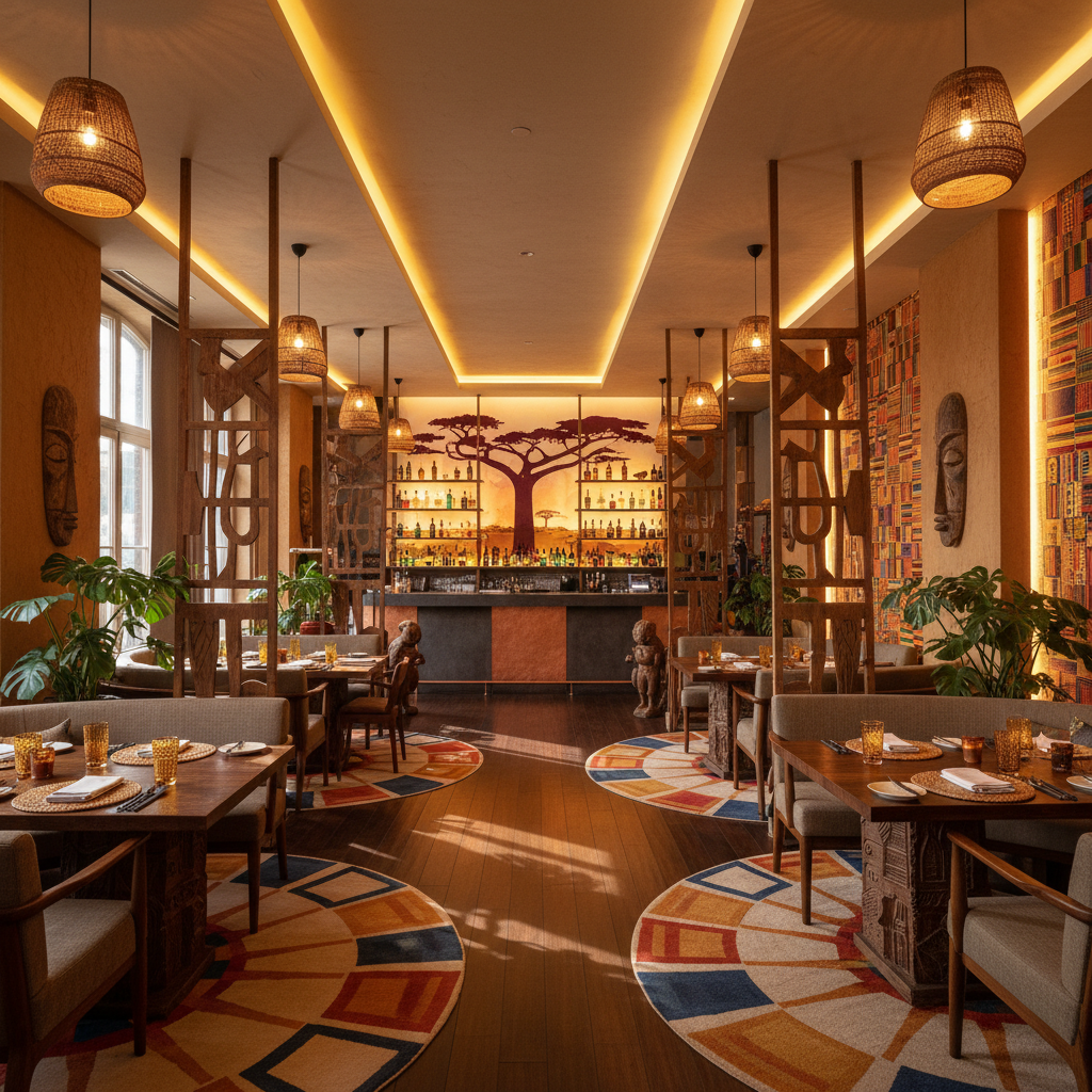 Modern restaurant interior with warm lighting and African-inspired decor