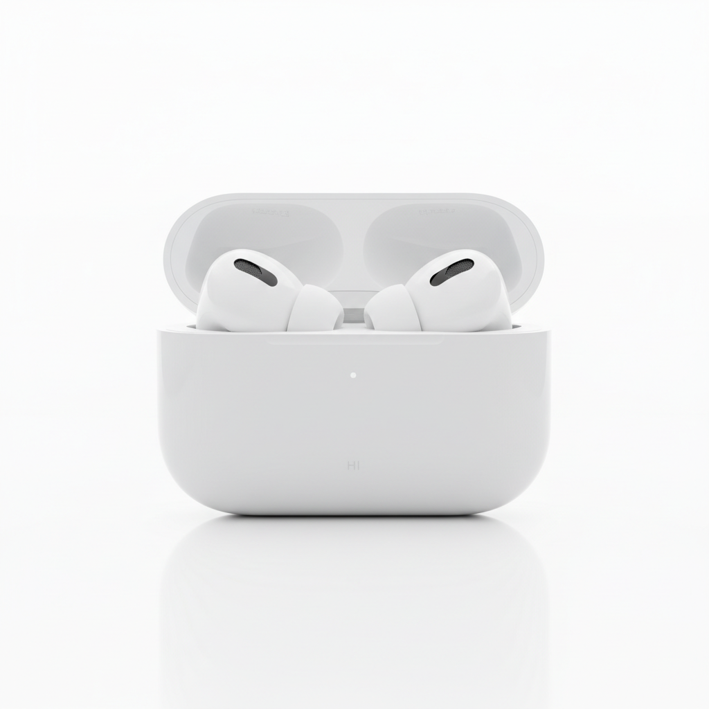 AirPods Pro in white case open on dark matte surface with soft studio lighting