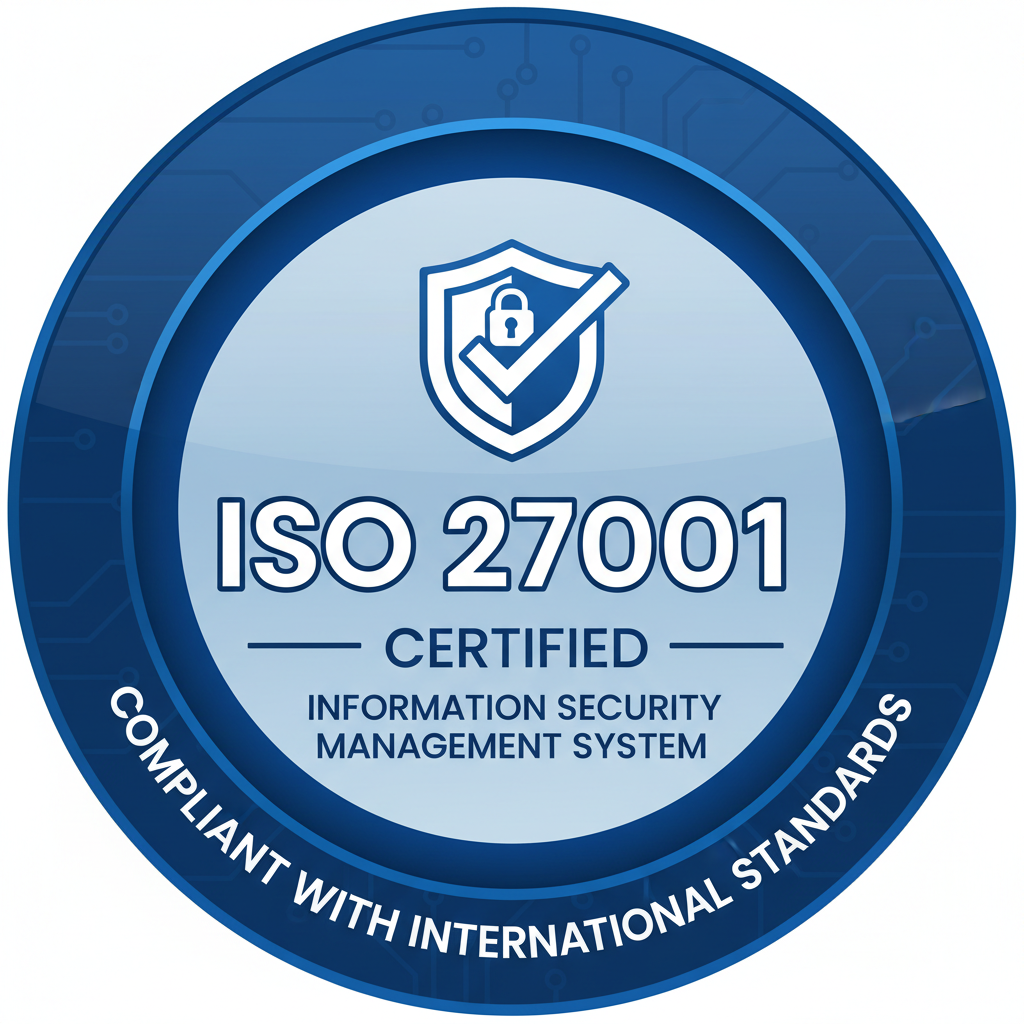 ISO 27001 certification badge showing information security management system compliance