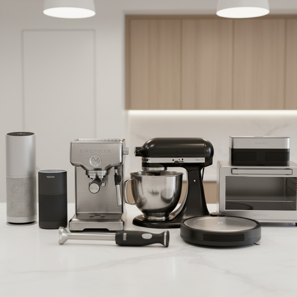 Collection of portable kitchen appliances on bright kitchen counter, white background, product flat-lay photography
