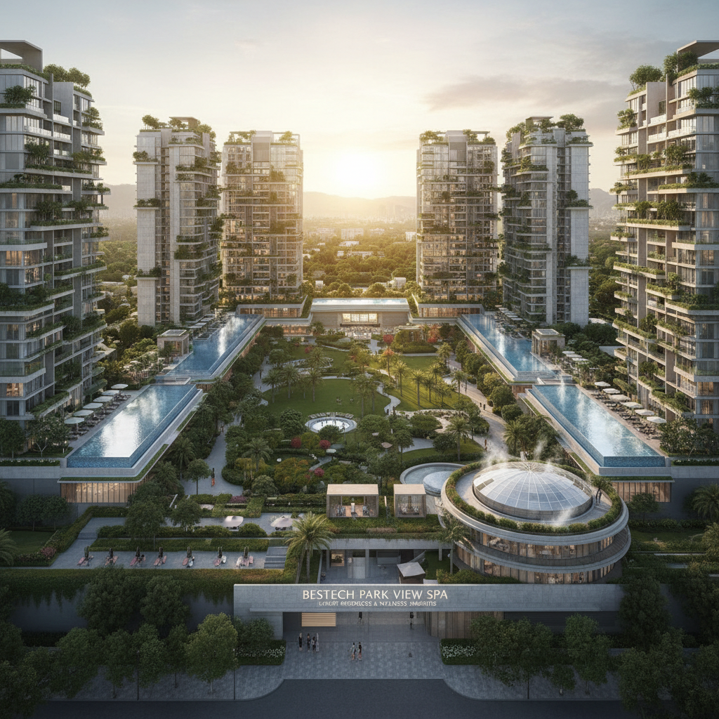 Modern residential building complex with balconies and green landscaping