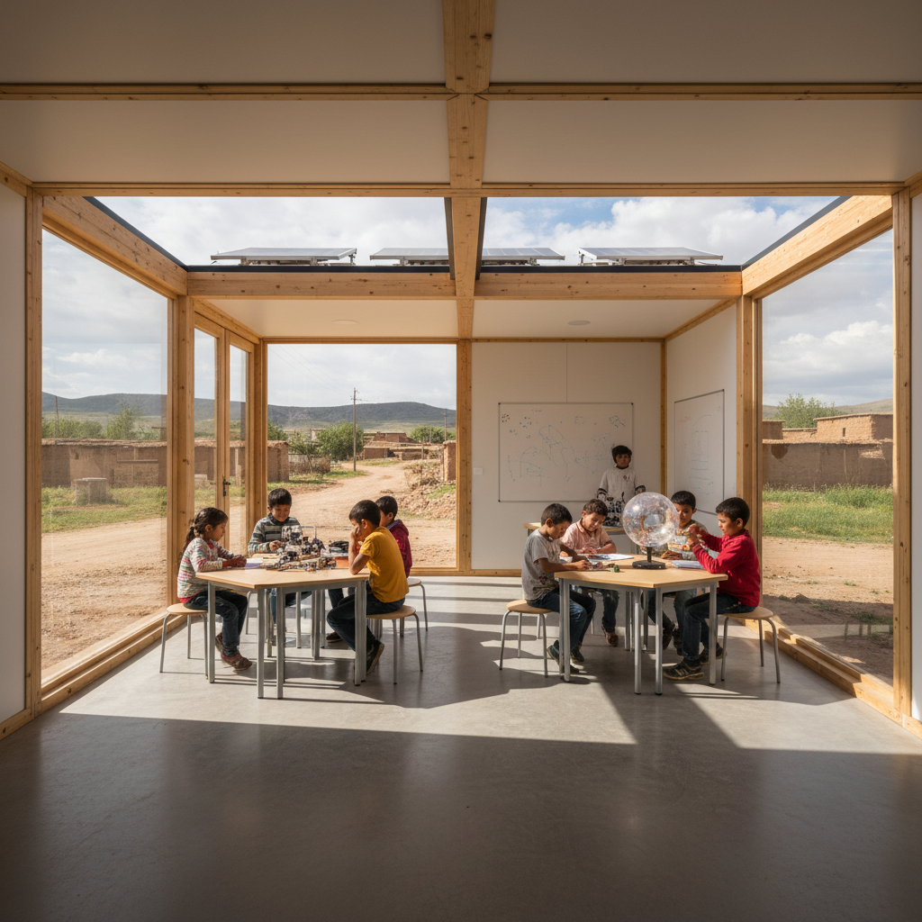 Children learning in The Cube modular classroom in a remote village setting with solar panels visible