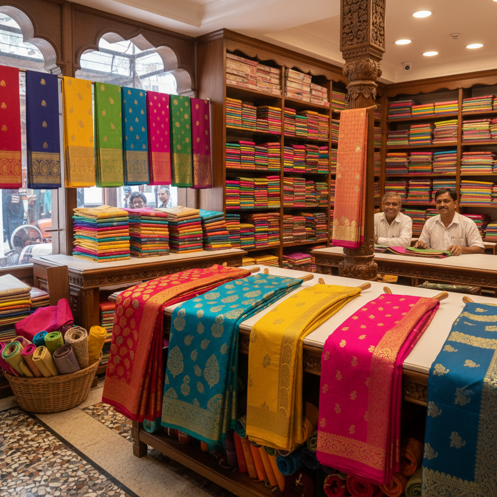 Rows of colorful sarees hanging in a wholesale textile shop, vibrant colors, organized display