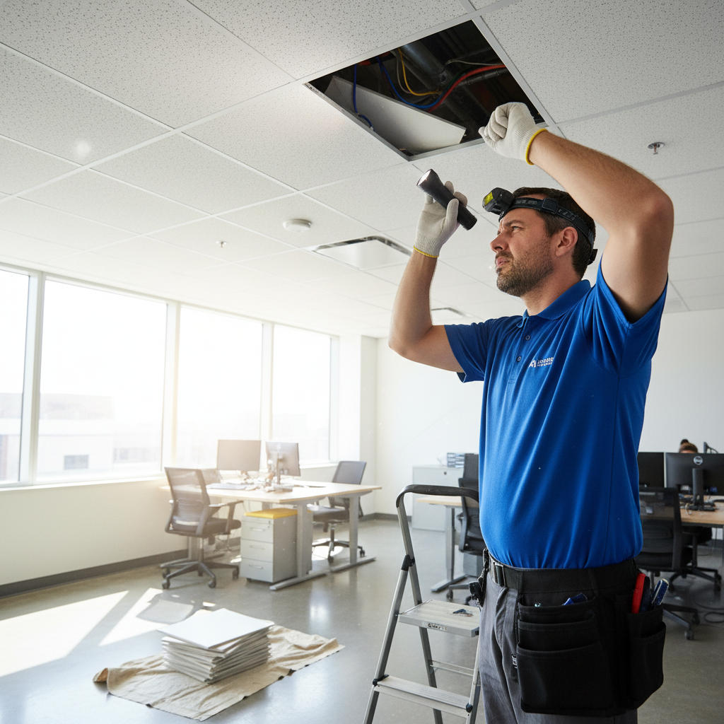 Pest control professional inspecting false ceiling area for rodent entry points