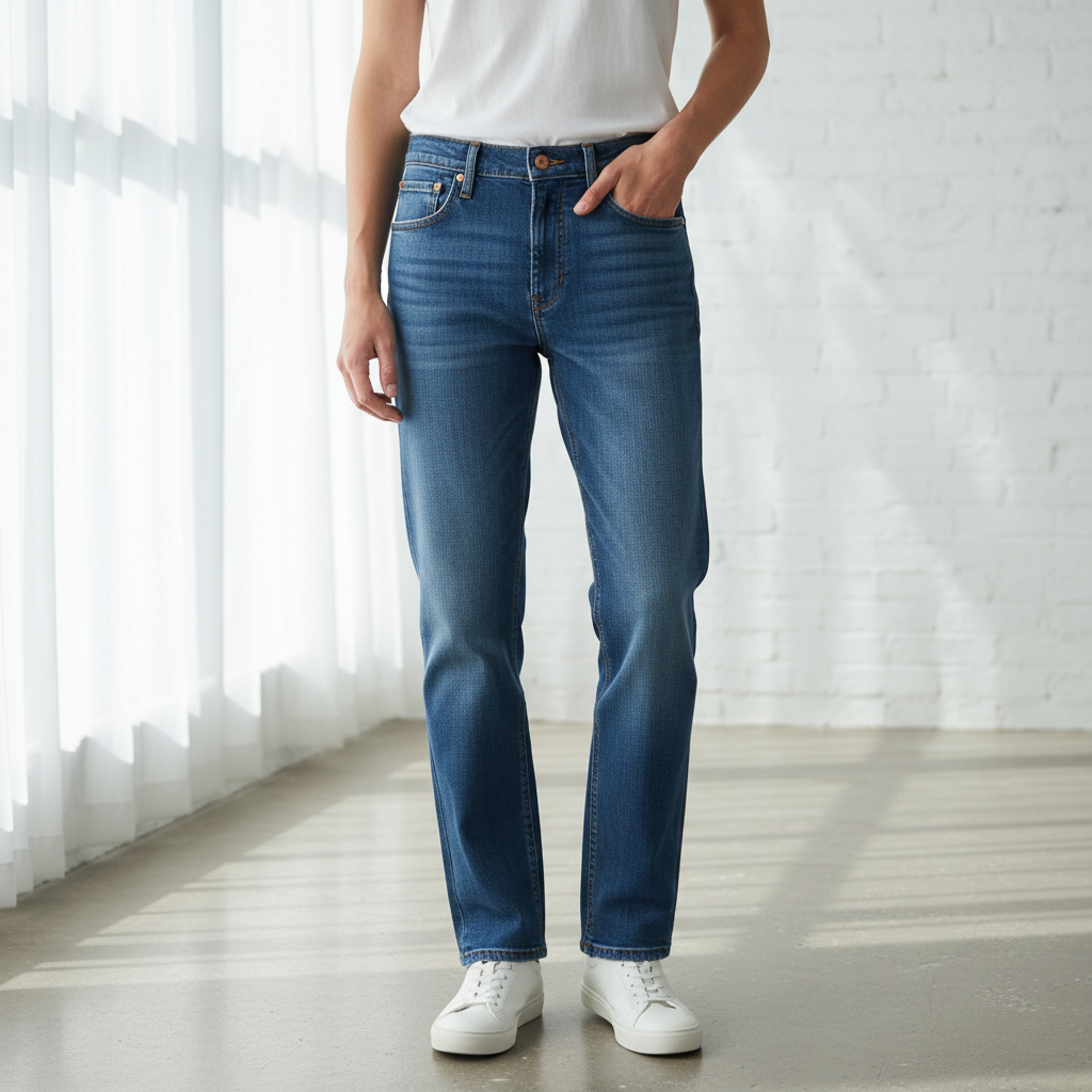 Dark straight-cut denim jeans, minimal fashion photography